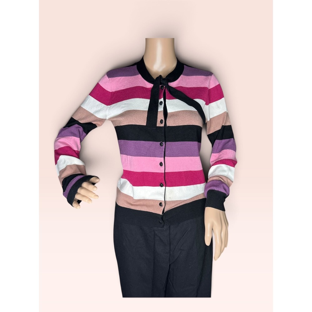 Bogari Silk Blend Striped Tie Neck Cardigan Sweater Preppy Pink Multi Small